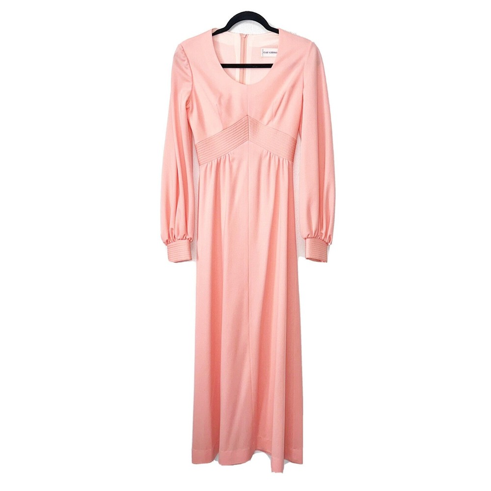 Vintage 70s Gay Gibson Pink Long Sleeve Maxi Dress Womens Size XS